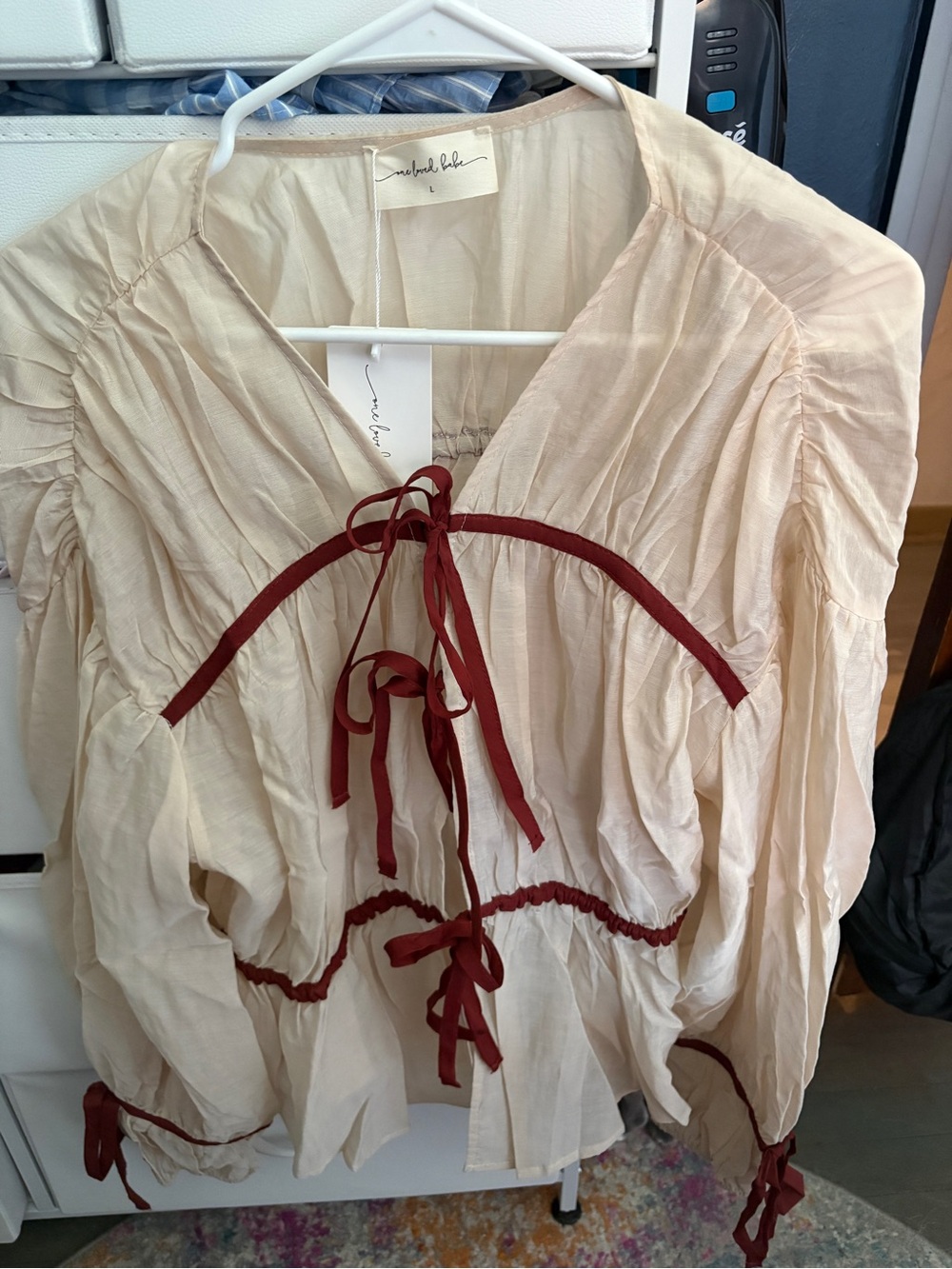Cream Peasant Blouse with Red Tie Trim